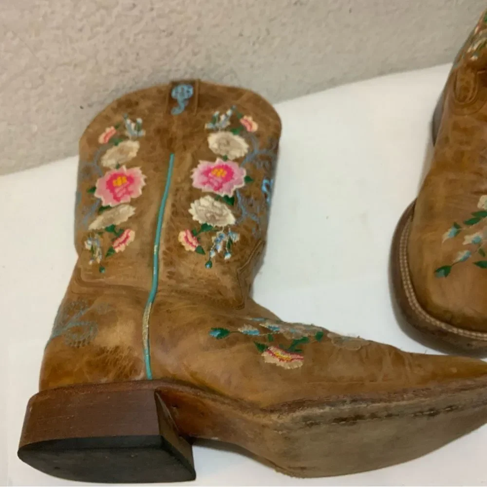 Macie Bean Boots Girls SZ 3 Floral Rose Garden Cowgirl Brown Leather